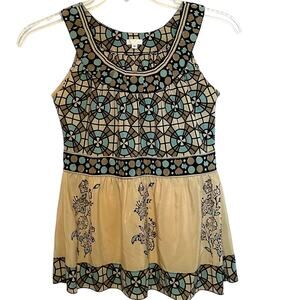 Anna Sui Stained Glass & Floral Tank Womens Small Y2K Black Cream Teal Silk Top